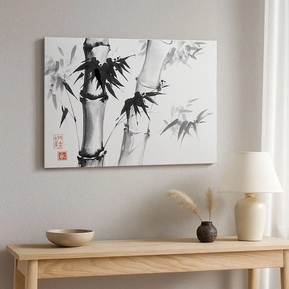 Impression sur toile - Image sur toile - Bambou aquarelle de style japonais sur fond blanc - 70x50cm - Gros plan sur l'orient - Décoration murale moderne pour le salon et la chambre ARTTOR