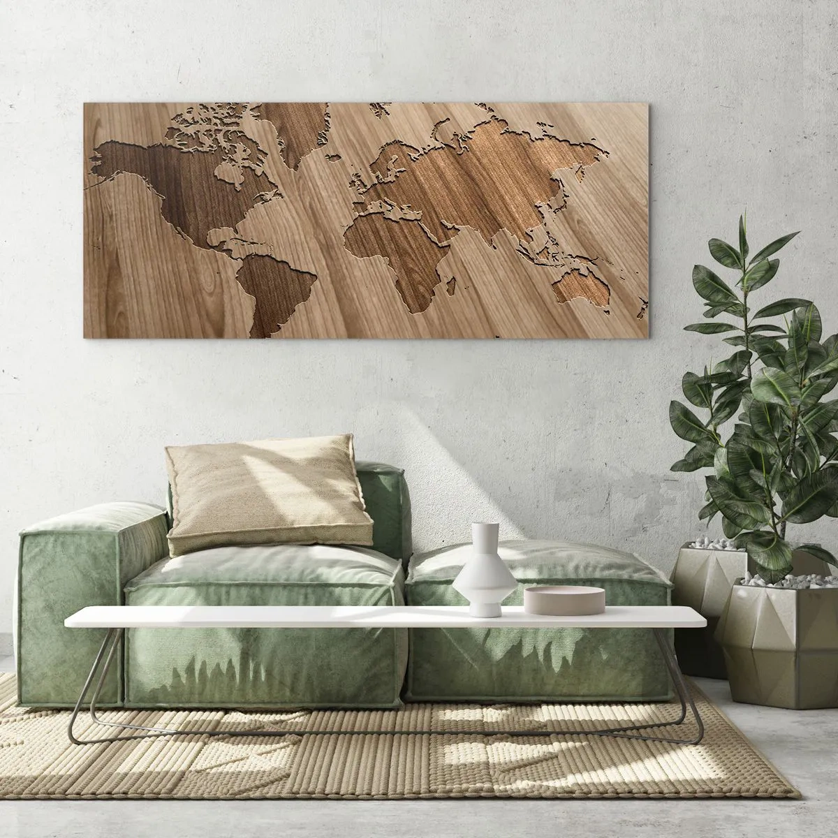 Impression sur verre - Image sur verre - Une carte du monde découpée sur une surface en bois - 160x50cm - Le monde est sur la table - Décoration murale moderne pour le salon et la chambre ARTTOR