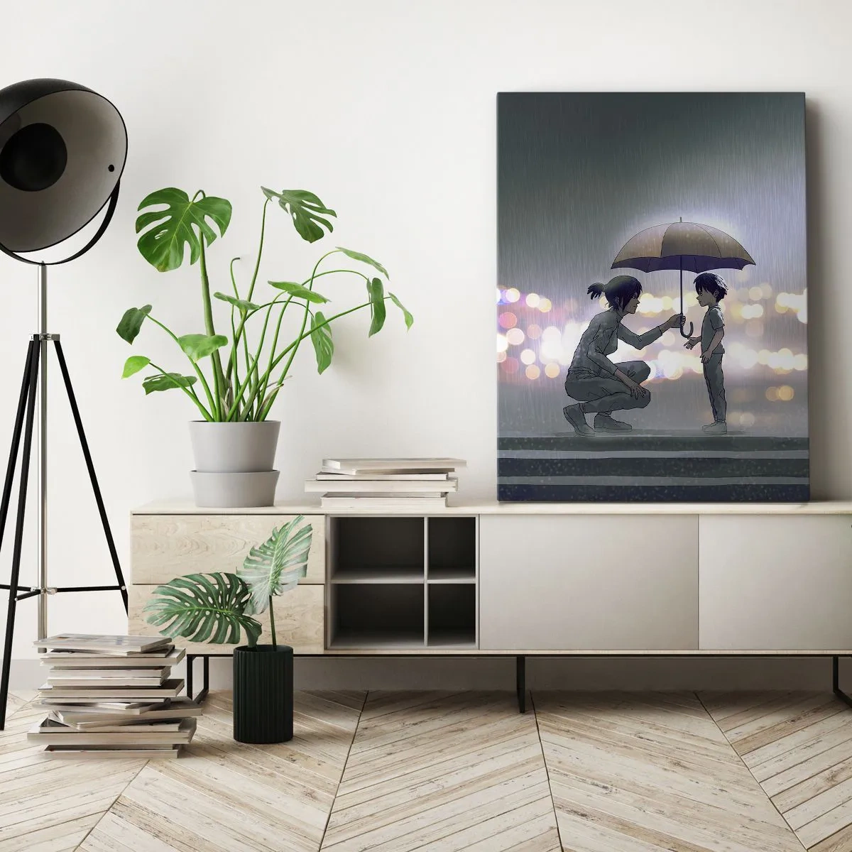 Impression sur toile - Image sur toile - Une silhouette avec un parapluie protégeant un enfant sur fond de lumières nocturnes. - 50x70cm - Et maintenant, tout va bien - Décoration murale moderne pour le salon et la chambre ARTTOR
