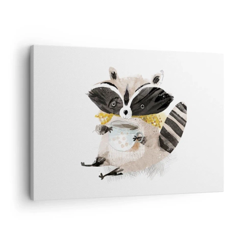 Impression sur toile - Image sur toile - Adorable raton laveur tenant une tasse de couleur pastel - 70x50cm - Mon ami le raton laveur - Décoration murale moderne pour le salon et la chambre ARTTOR