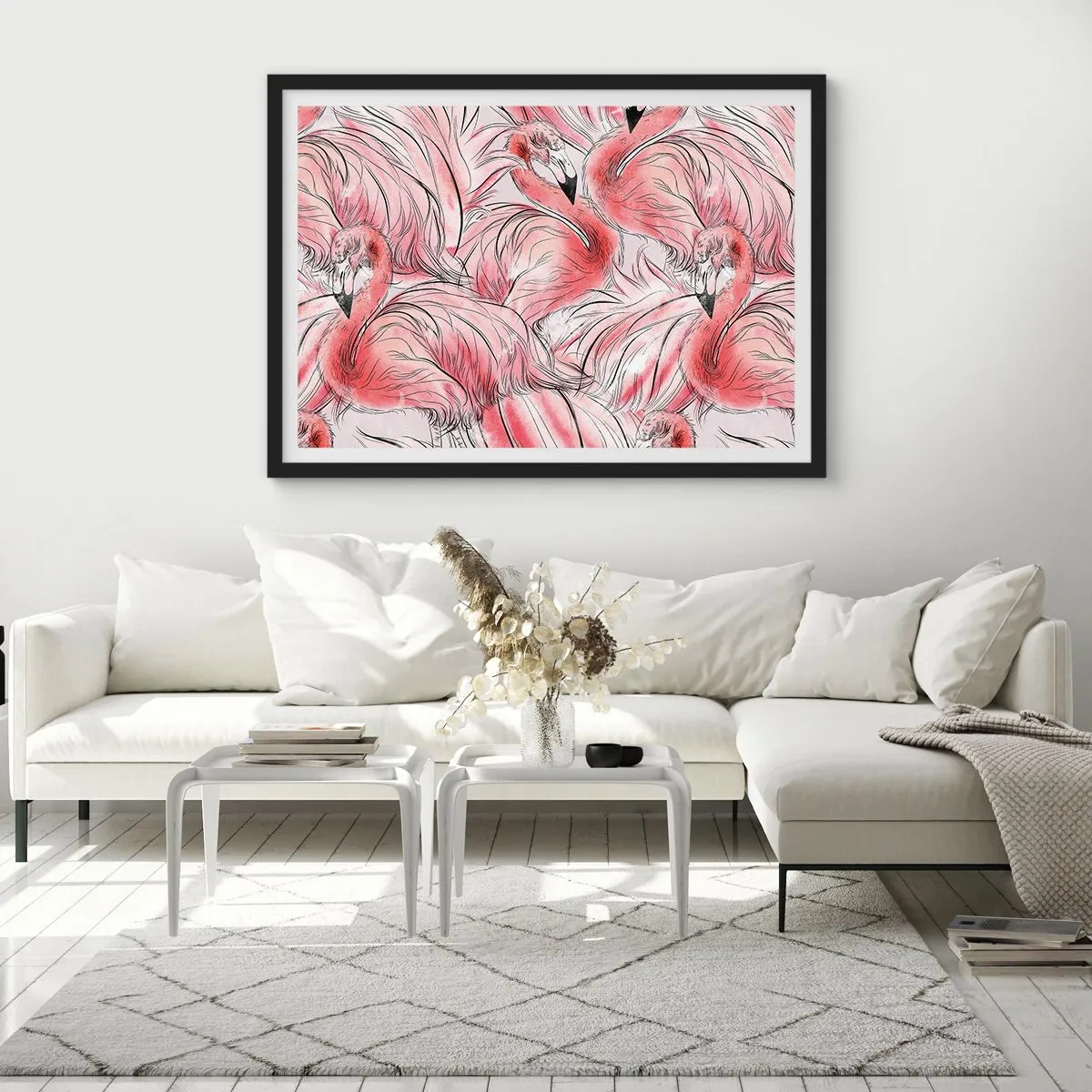 Affiche dans un cadre noir - Poster - Dessins délicats de flamants roses - 100x70cm - Oiseau corps de ballet - Décoration murale moderne pour le salon et la chambre ARTTOR