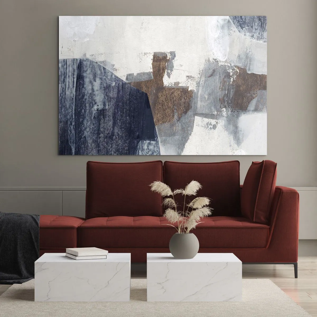 Impression sur verre - Image sur verre - Formes géométriques en bleu, marron et blanc - 70x50cm - Formes bleues et brunes - Décoration murale moderne pour le salon et la chambre ARTTOR