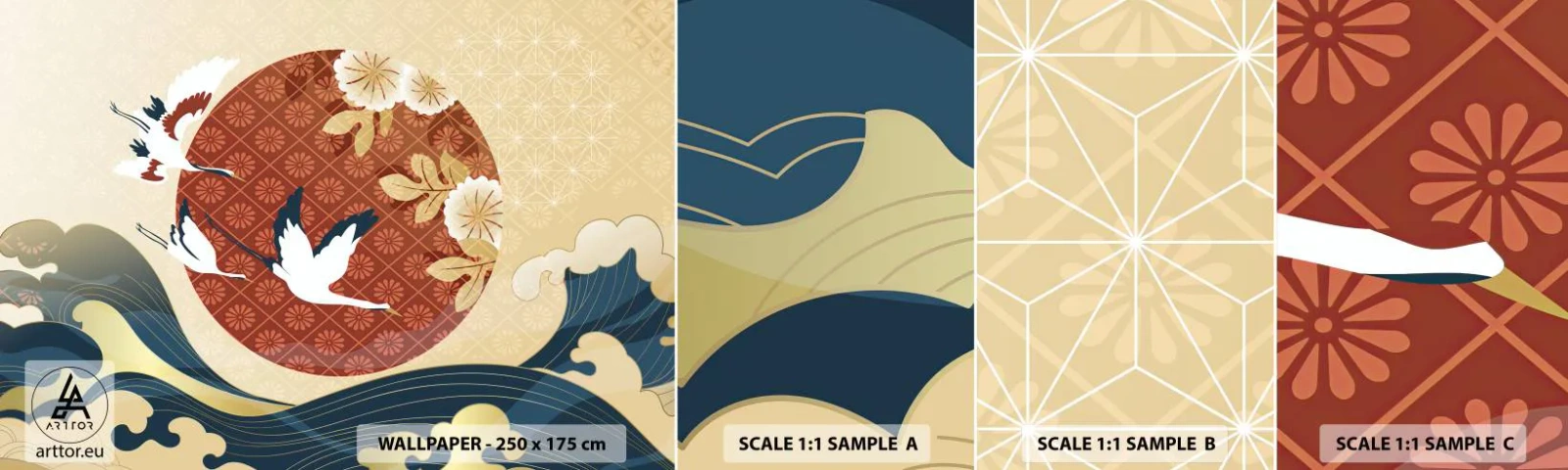 Échantillon de Papier Peint Autocollant Deluxe Sticker - Conte japonnais - Héron, Oiseau, Abstraction - 100x30 cm