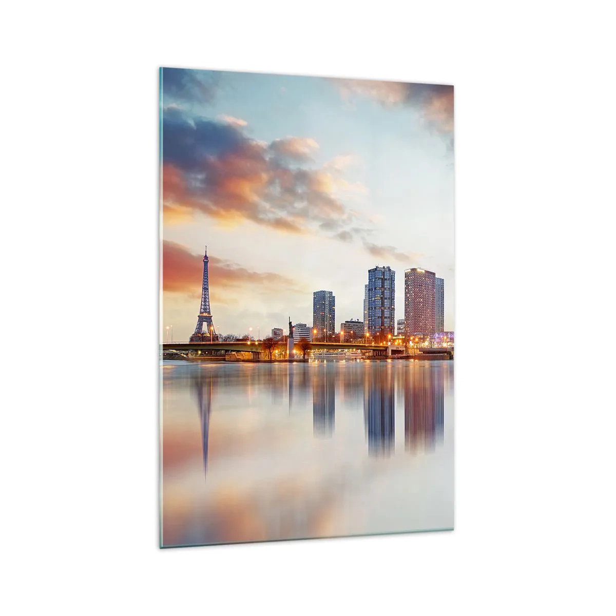Impression sur verre - Image sur verre - Panorama des bâtiments modernes et de la Tour Eiffel au-dessus de l'eau - 70x100cm - La tranquillité monumentale de Paris - Décoration murale moderne pour le salon et la chambre ARTTOR