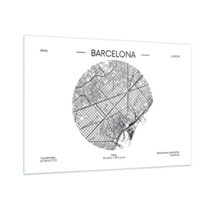 Impression sur verre - Image sur verre - Une carte minimaliste de Barcelone dans une esthétique noir et blanc - 100x70cm - Anatomie de Barcelone - Décoration murale moderne pour le salon et la chambre ARTTOR
