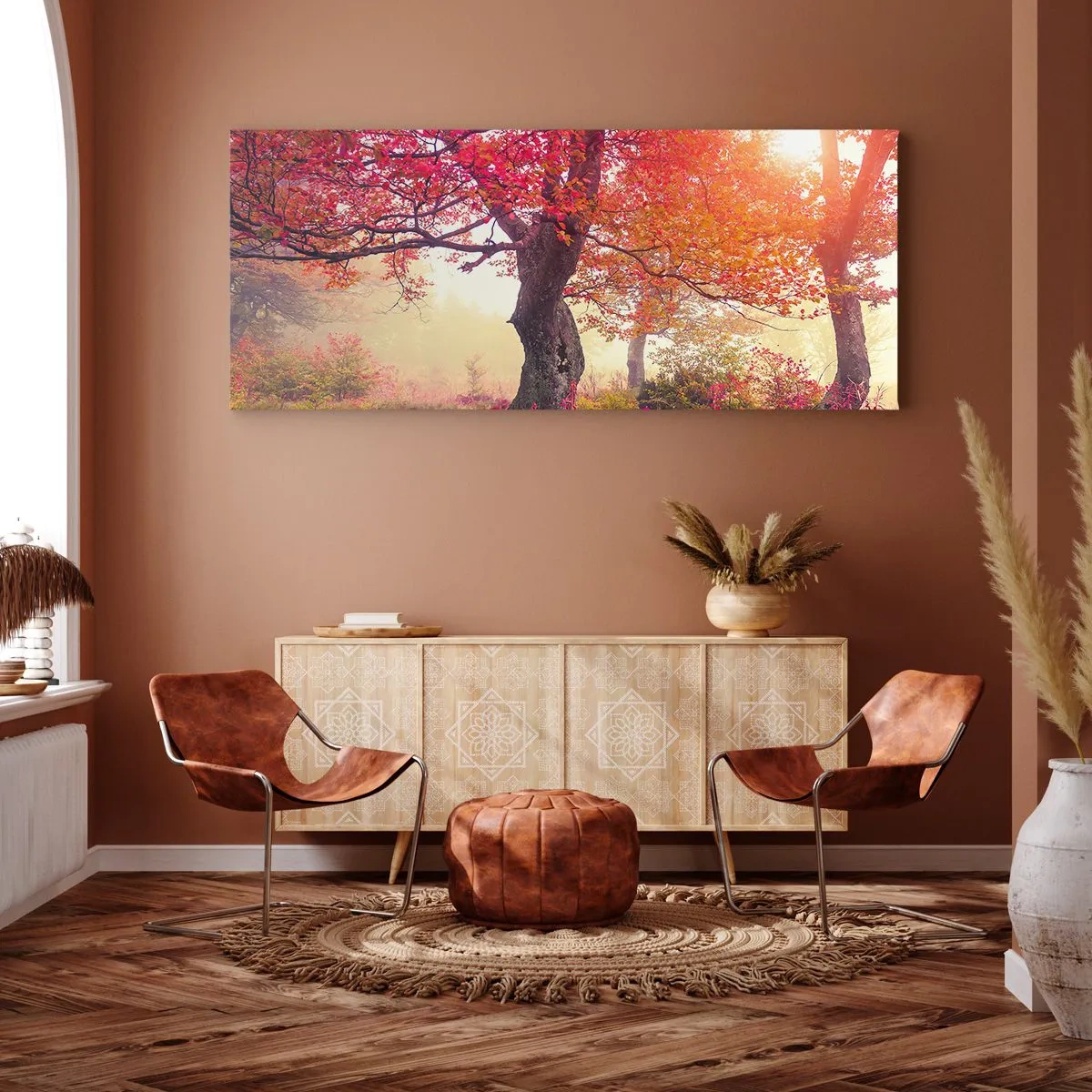 Impression sur toile - Image sur toile - Paysage d'automne avec des arbres aux couleurs intenses - 120x50cm - Frénésie de floraison - Décoration murale moderne pour le salon et la chambre ARTTOR