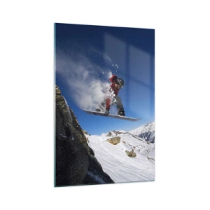 Impression sur verre - Image sur verre - Un snowboarder saute d'un rocher dans un paysage montagneux - 70x100cm - Et tu es devenu une partie de l'espace - Décoration murale moderne pour le salon et la chambre ARTTOR