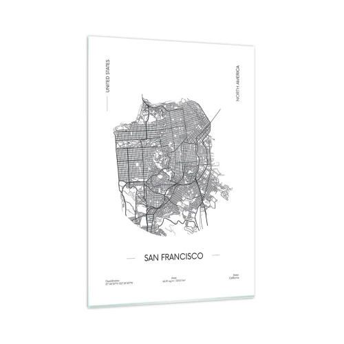 Impression sur verre - Image sur verre - Une carte de San Francisco dans un style minimaliste en noir et blanc. - 80x120cm - Anatomie de San Fransisco - Décoration murale moderne pour le salon et la chambre ARTTOR