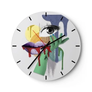 Horloge murale - Pendule murale - Abstraction expressive avec un œil, une bouche et des éléments colorés - 30x30cm - Un portrait déconstruit - Décoration murale moderne pour le salon, la cuisine et la chambre ARTTOR