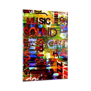 Impression sur verre - Image sur verre - Inscriptions colorées sur un fond de mosaïque artistique - 50x70cm - Toutes les nuances du son - Décoration murale moderne pour le salon et la chambre ARTTOR