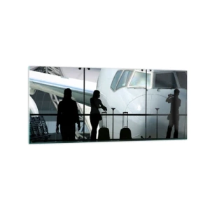 Impression sur verre - Image sur verre - Aéroport avec des silhouettes de personnes et une vue de l'avion - 120x50cm - Vis-à-vis de l'aéroport - Décoration murale moderne pour le salon et la chambre ARTTOR