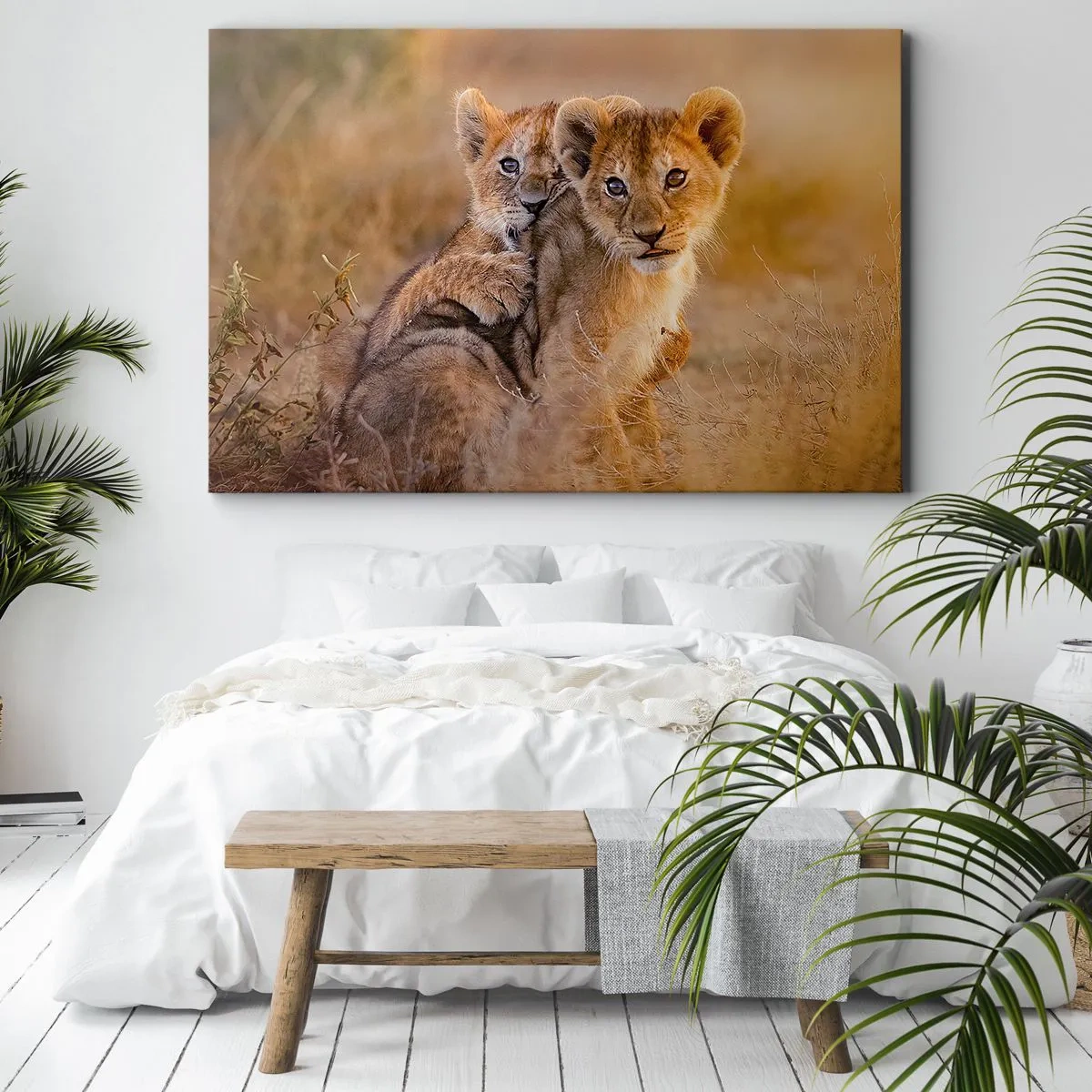 Impression sur toile - Image sur toile - Adorables lionceaux dans leur environnement naturel - 70x50cm - Ne pas déranger! On s'amuse - Décoration murale moderne pour le salon et la chambre ARTTOR