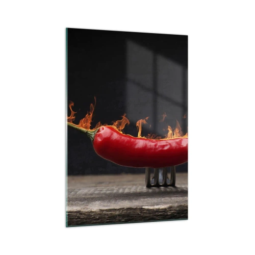 Impression sur verre - Image sur verre - Poivron rouge flamboyant sur une fourchette - 70x100cm - Un apéritif enflammé - Décoration murale moderne pour le salon et la chambre ARTTOR