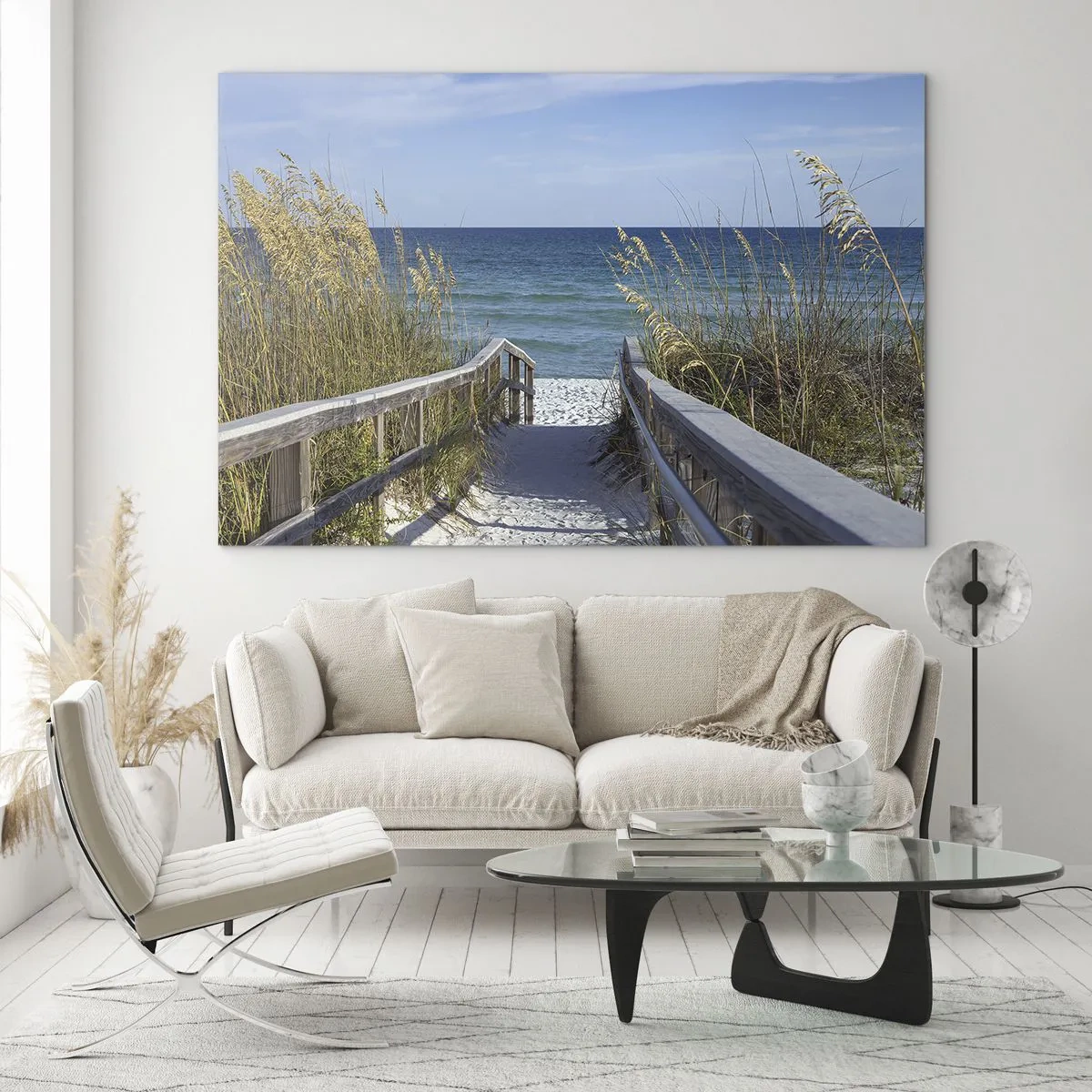 Impression sur verre - Image sur verre - Chemin vers la plage avec vue sur la mer - 70x50cm - Au soleil, sous le vent - Décoration murale moderne pour le salon et la chambre ARTTOR