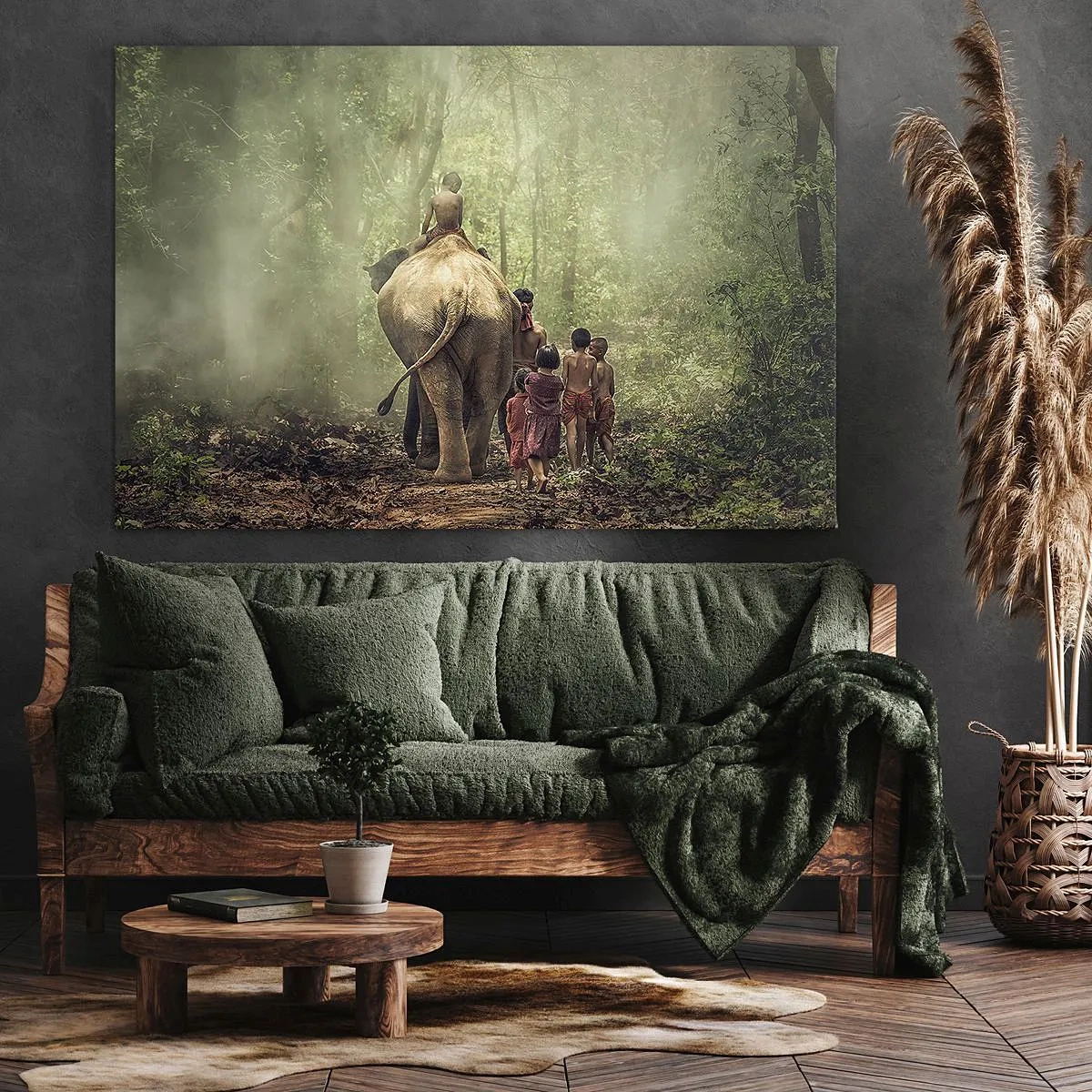 Impression sur toile - Image sur toile - Enfants avec un éléphant dans une forêt verte à la lumière du matin - 70x50cm - Nouveau livre de la jungle - Décoration murale moderne pour le salon et la chambre ARTTOR