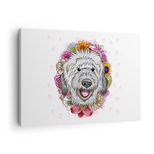 Impression sur toile - Image sur toile - Un chien entouré de fleurs colorées - 70x50cm - La joie du chiot - Décoration murale moderne pour le salon et la chambre ARTTOR