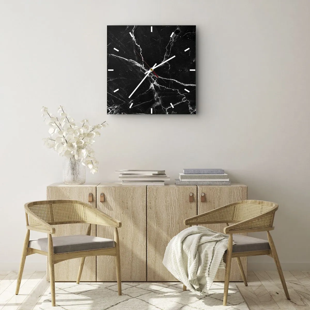 Horloge murale - Pendule murale - Marbre noir avec des veines blanches dans les détails - 30x30cm - La vie secrète de la pierre - Décoration murale moderne pour le salon et la chambre ARTTOR