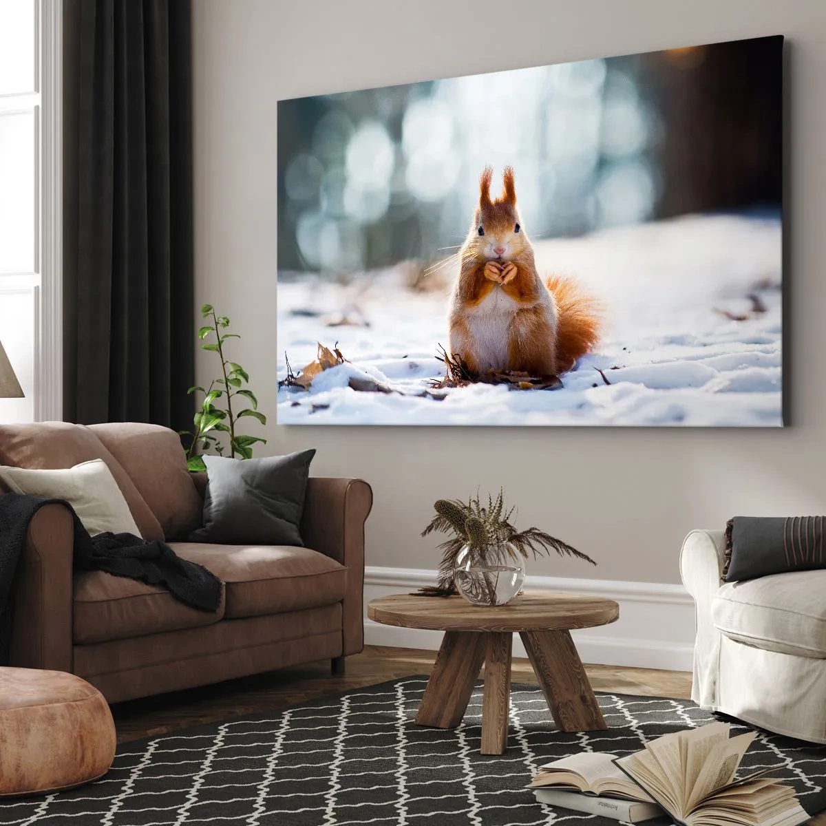 Impression sur toile - Image sur toile - Un écureuil dans un paysage hivernal - 100x70cm - Qu'est ce que tu regardes comme ça? - Décoration murale moderne pour le salon et la chambre ARTTOR