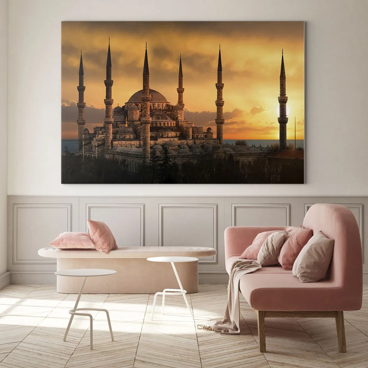Impression sur verre - Image sur verre - La Mosquée Bleue sur fond de coucher de soleil - 70x50cm - Dieu est grand - Décoration murale moderne pour le salon et la chambre ARTTOR
