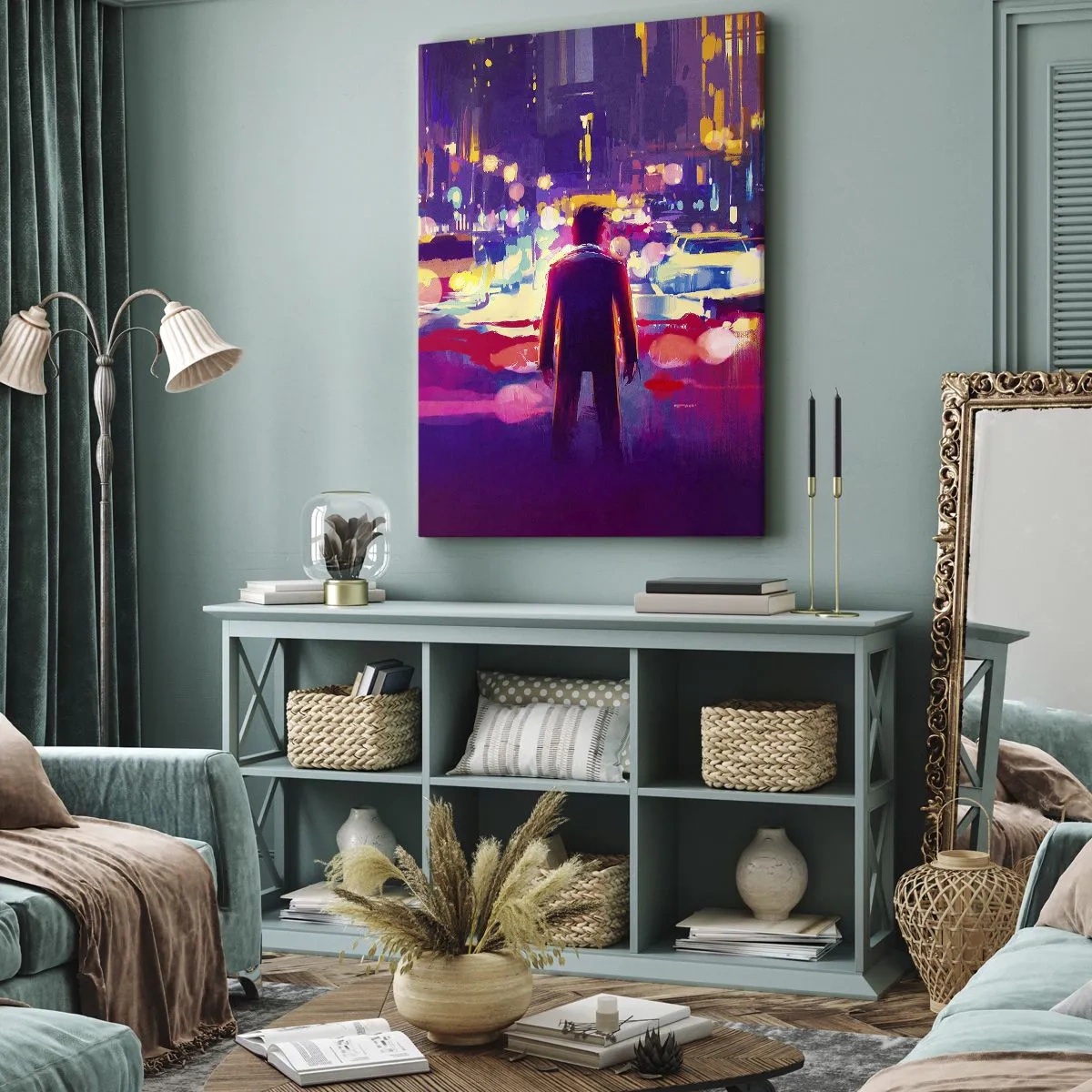 Impression sur toile - Image sur toile - Un homme dans une scène nocturne de ville au néon - 50x70cm - Immergé dans la lumière - Décoration murale moderne pour le salon et la chambre ARTTOR