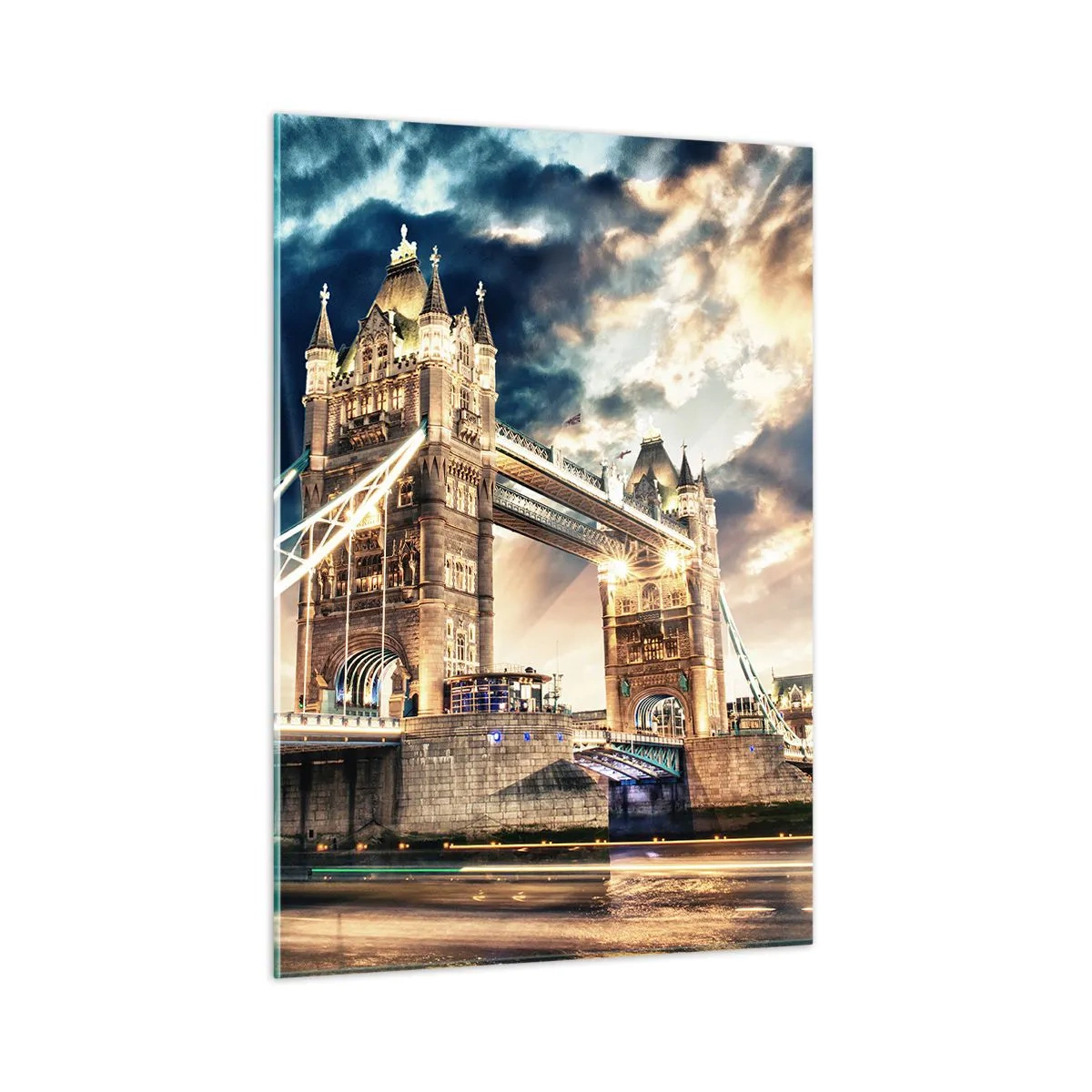 Impression sur verre - Image sur verre - Le Tower Bridge à Londres sous un ciel dramatique - 50x70cm - Monument de l'empire victorien - Décoration murale moderne pour le salon et la chambre ARTTOR