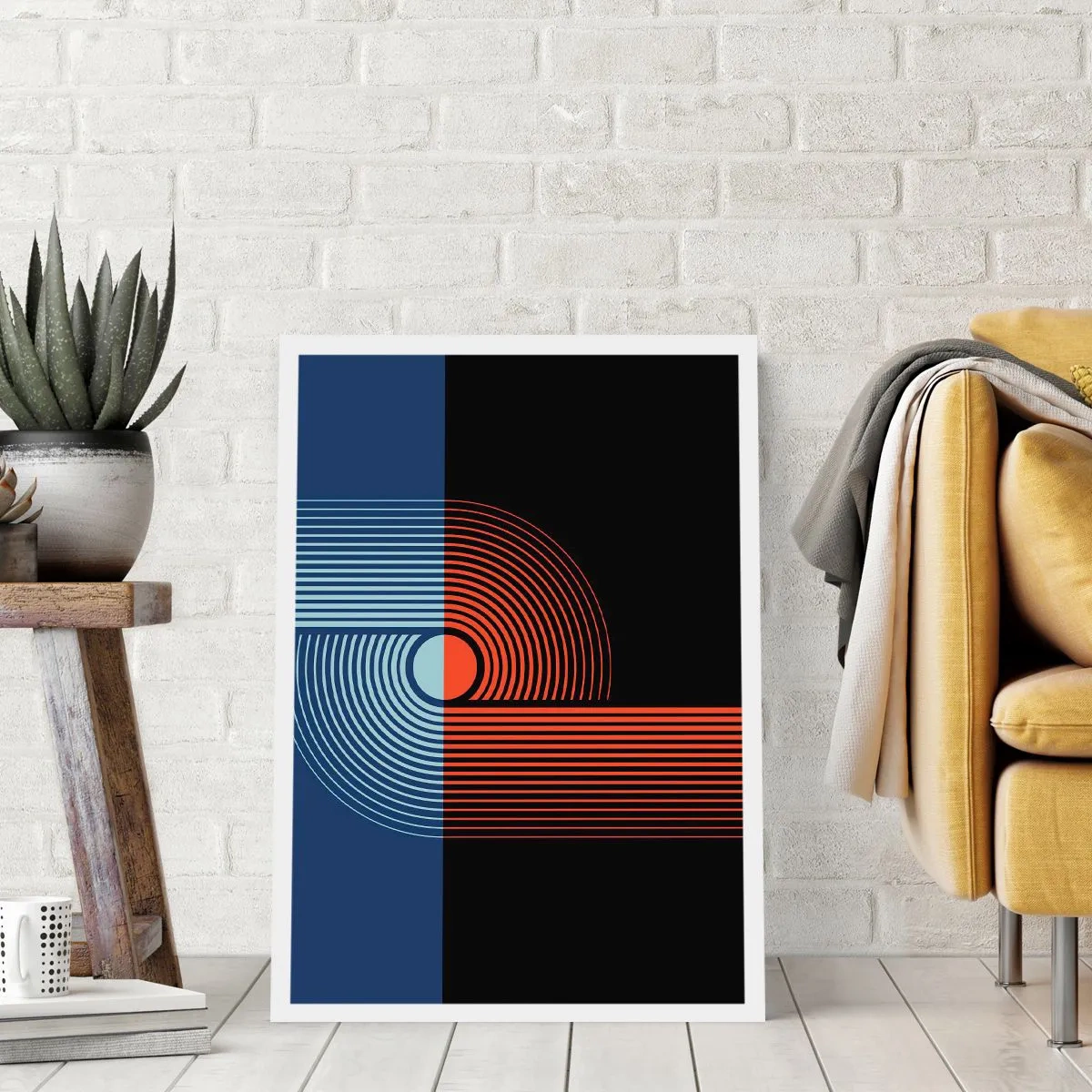 Affiche - Poster - Composition géométrique avec des lignes bleu marine et orange. - 50x70cm - Dans une étreinte géométrique - Décoration murale moderne pour le salon et la chambre ARTTOR