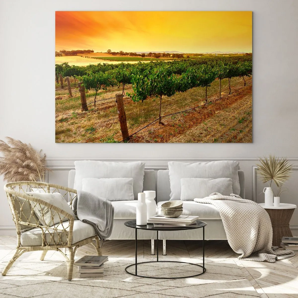 Impression sur verre - Image sur verre - Vignes dans la chaude lumière du soleil couchant - 70x50cm - S'abreuver du soleil - Décoration murale moderne pour le salon et la chambre ARTTOR