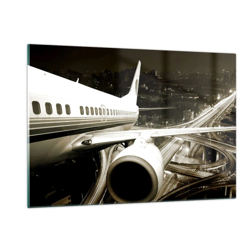 Impression sur verre - Image sur verre - Un avion au dessus de la ville la nuit avec une ambiance industrielle - 120x80cm - Vole dans la nuit - Décoration murale moderne pour le salon et la chambre ARTTOR