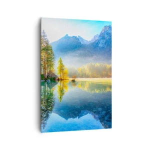 Impression sur toile - Image sur toile - Un lac entouré de montagnes et de forêts sous les rayons du soleil - 70x100cm - Majesté et douceur - Décoration murale moderne pour le salon et la chambre ARTTOR