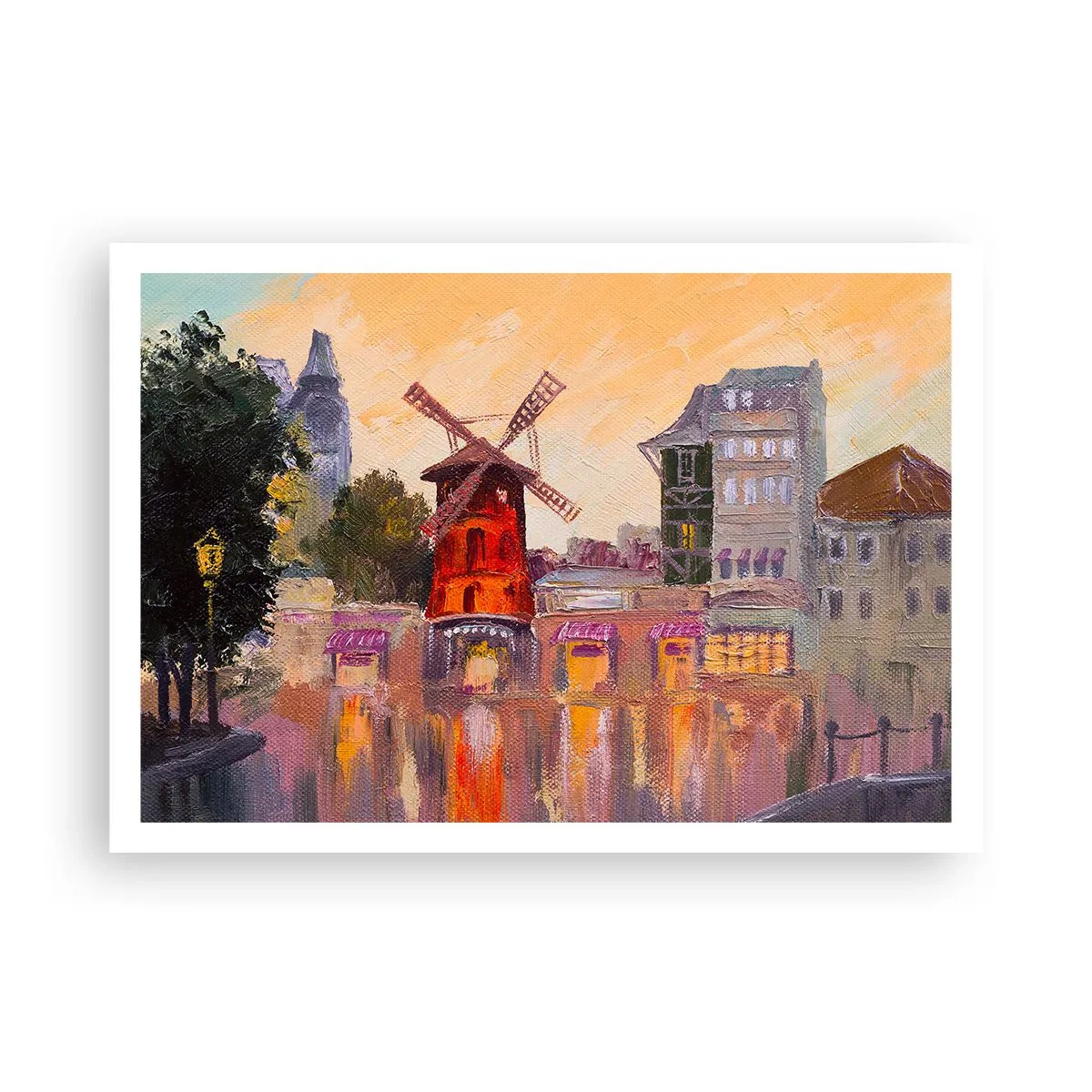 Affiche - Poster - Le moulin à vent rouge du Moulin Rouge entouré par le paysage urbain - 100x70cm - Icones parisiennes – le Moulin rouge - Décoration murale moderne pour le salon et la chambre ARTTOR
