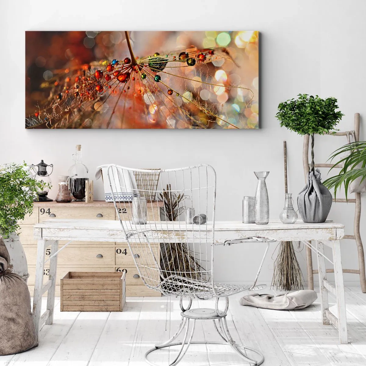 Impression sur toile - Image sur toile - Macrophotographie d'une goutte d'eau sur une plante délicate - 140x50cm - Enfilé sur un fil d'araignée - Décoration murale moderne pour le salon et la chambre ARTTOR