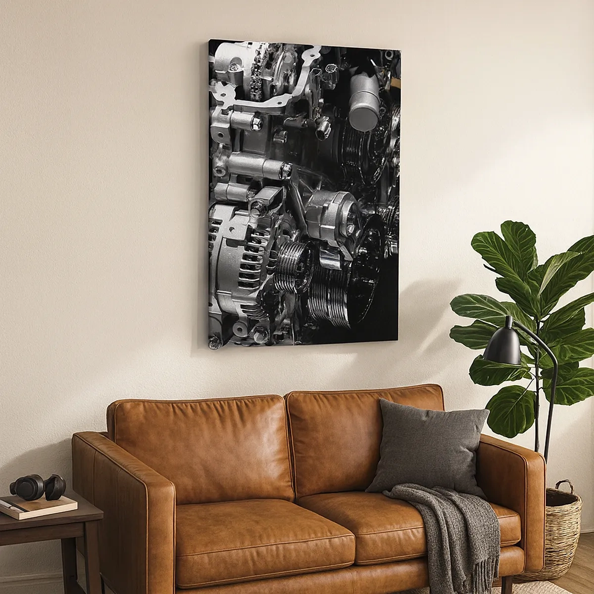 Impression sur toile - Image sur toile - Gros plan de pièces de moteur en métal sur fond noir - 50x70cm - Acier, beau, fort - Décoration murale moderne pour le salon et la chambre ARTTOR