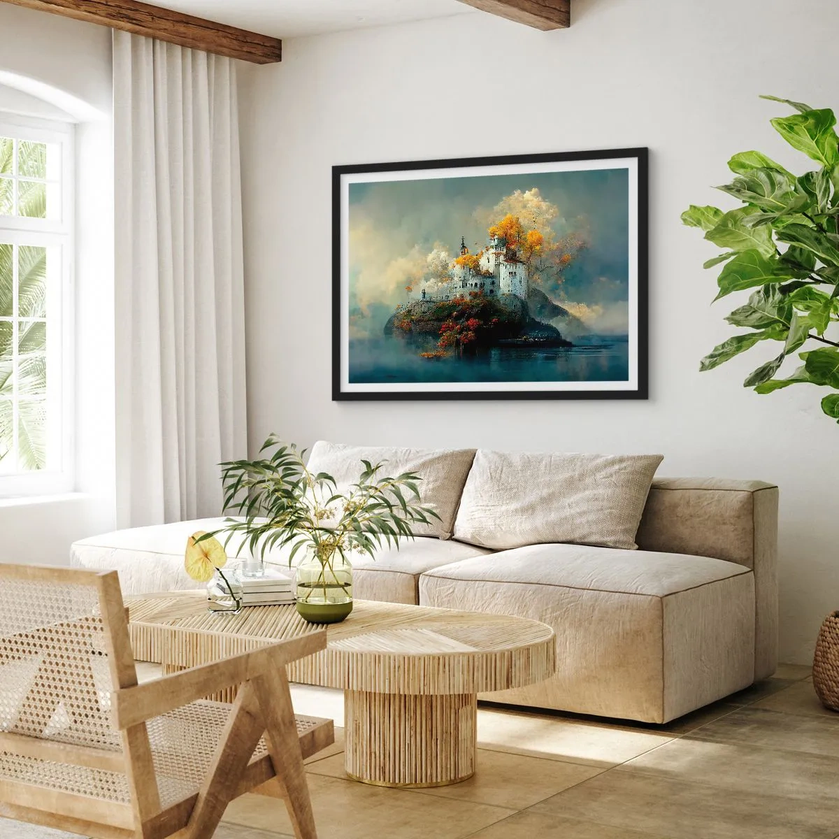 Affiche dans un cadre noir - Poster - Un château sur une colline entouré d'arbres d'automne - 100x70cm - Le début d'une histoire romantique - Décoration murale moderne pour le salon et la chambre ARTTOR