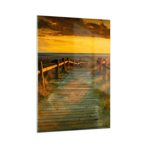 Impression sur verre - Image sur verre - Un chemin en bois menant vers le soleil couchant - 50x70cm - Baigné dans le vieil or - Décoration murale moderne pour le salon et la chambre ARTTOR