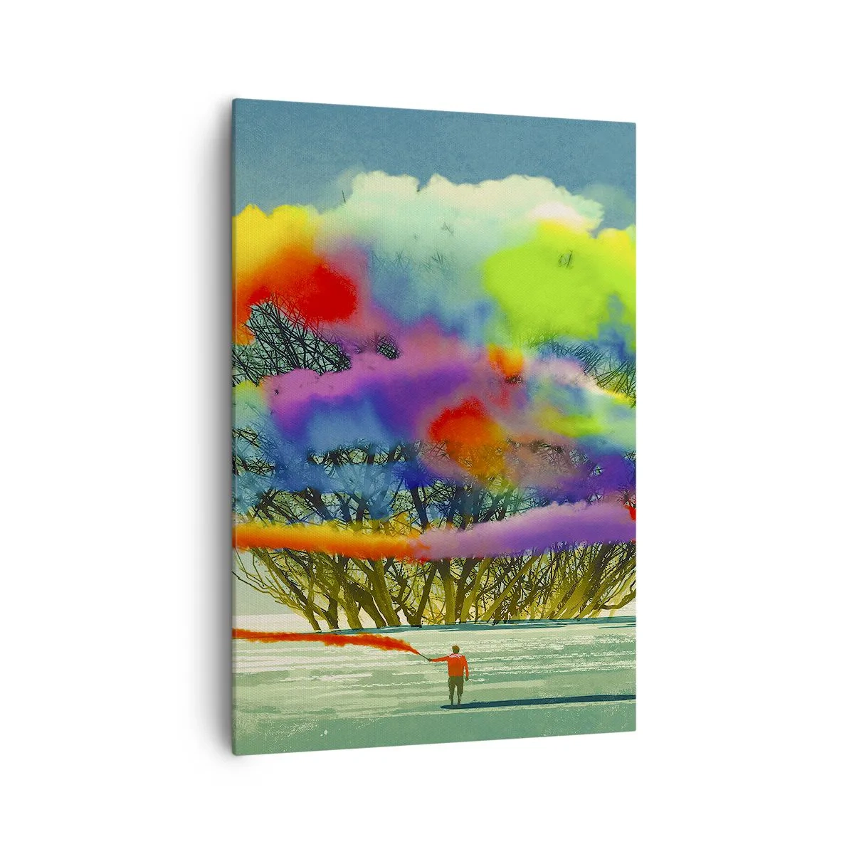 Impression sur toile - Image sur toile - Une silhouette avec de la fumée colorée à l'arrière-plan d'un arbre dans la nature - 70x100cm - Donner vie à ce monde - Décoration murale moderne pour le salon et la chambre ARTTOR
