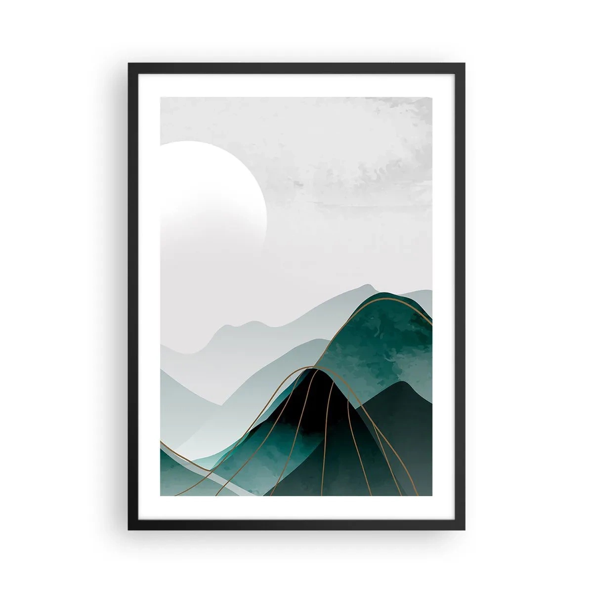 Affiche dans un cadre noir - Poster - Montagnes abstraites dans des tons de vert avec de l'or délicat - 50x70cm - En pleine majesté - Décoration murale moderne pour le salon et la chambre ARTTOR