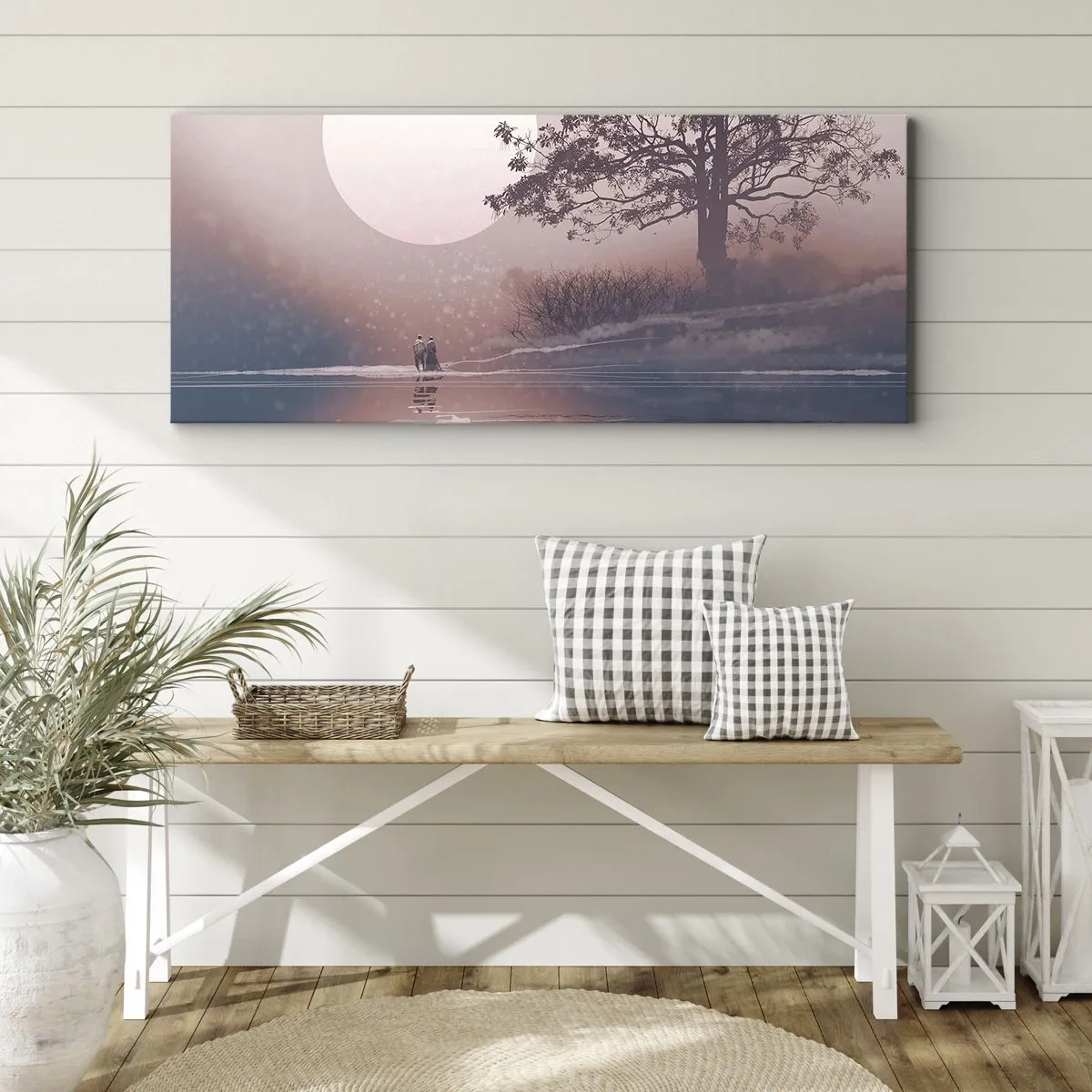 Impression sur toile - Image sur toile - Scène romantique avec la lune et un arbre au bord de l'eau - 160x50cm - Merveilles de la nuit - Décoration murale moderne pour le salon et la chambre ARTTOR