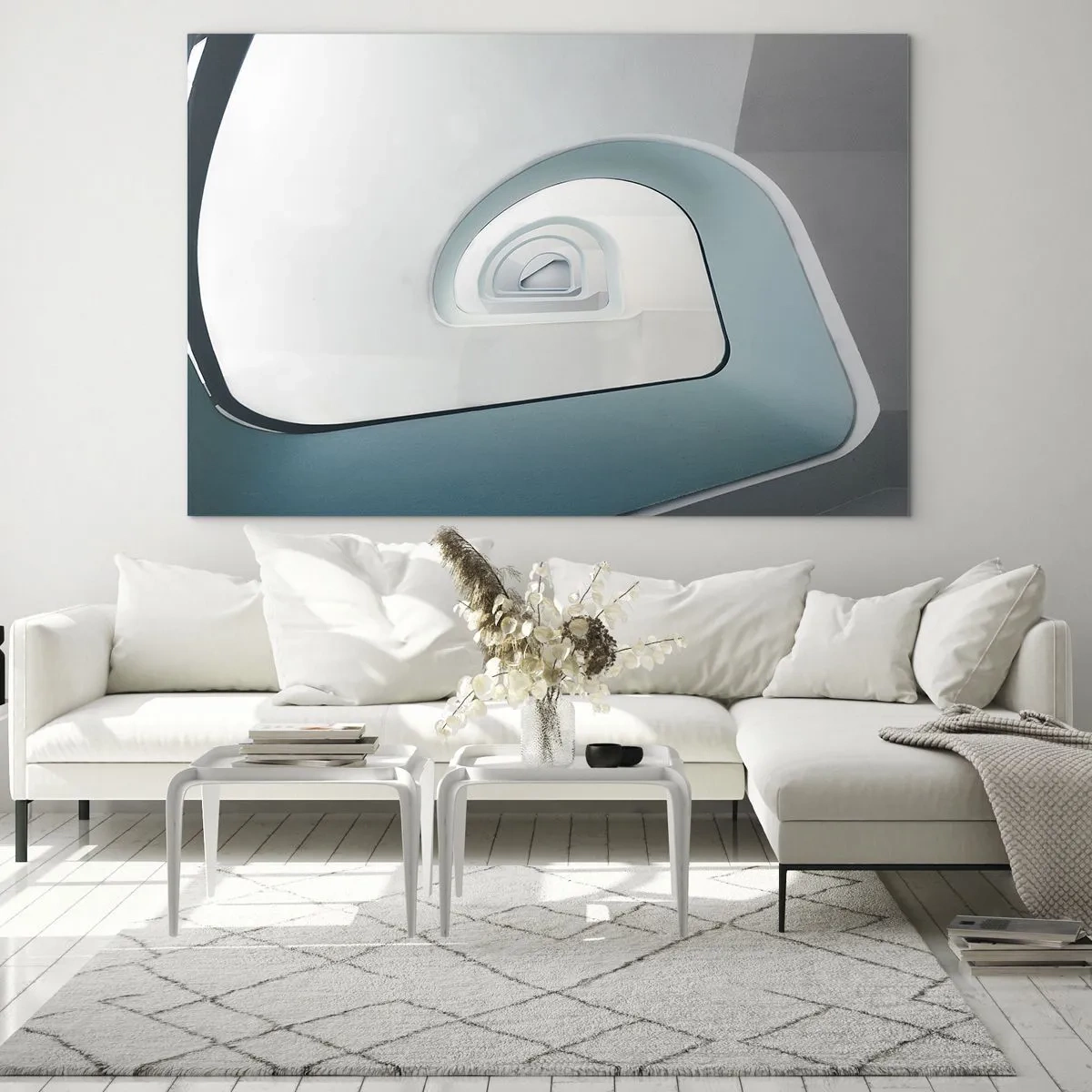 Impression sur verre - Image sur verre - Un escalier moderne dans une perspective abstraite - 70x50cm - Au profondeur du bleu - Décoration murale moderne pour le salon et la chambre ARTTOR