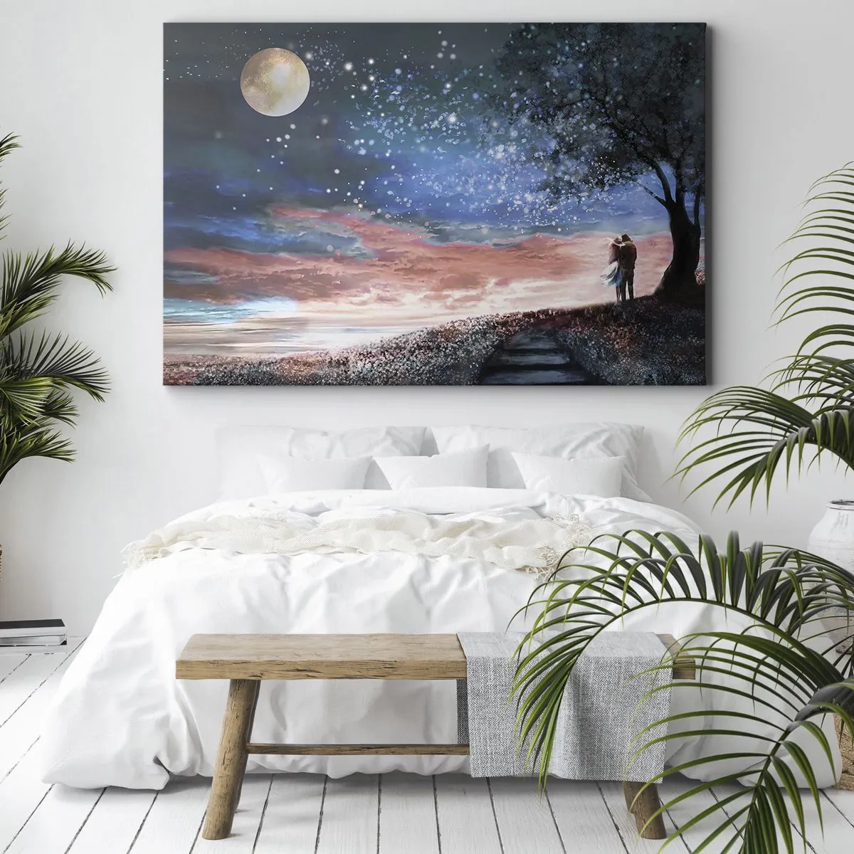 Impression sur toile - Image sur toile - Scène de couple romantique sous la pleine lune - 120x80cm - Spectacle étoilé - Décoration murale moderne pour le salon et la chambre ARTTOR
