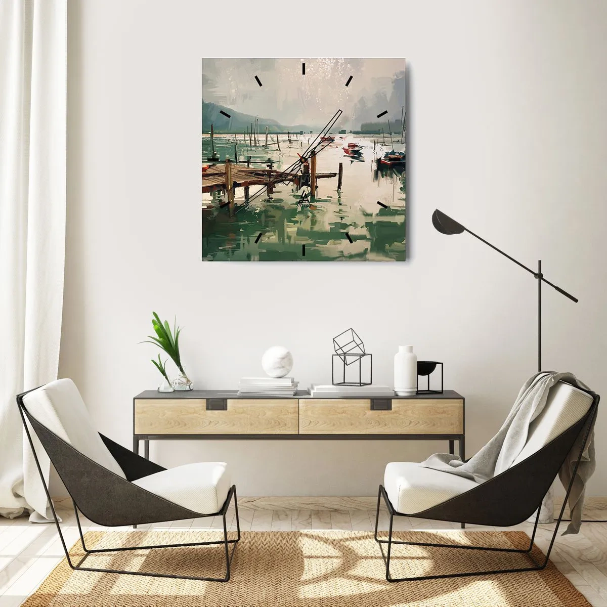 Horloge murale - Pendule murale - Un port pittoresque avec des bateaux sur une eau calme - 30x30cm - Trempé dans une lune en fusion - Décoration murale moderne pour le salon et la chambre ARTTOR