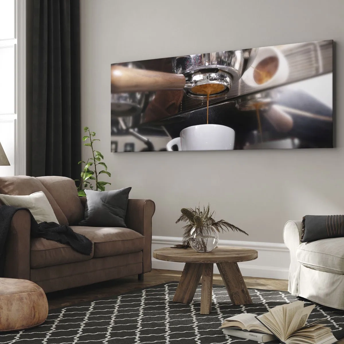 Impression sur toile - Image sur toile - Gros plan d'une machine à café préparant un expresso frais - 120x50cm - Bon moment de la journée - Décoration murale moderne pour le salon et la chambre ARTTOR