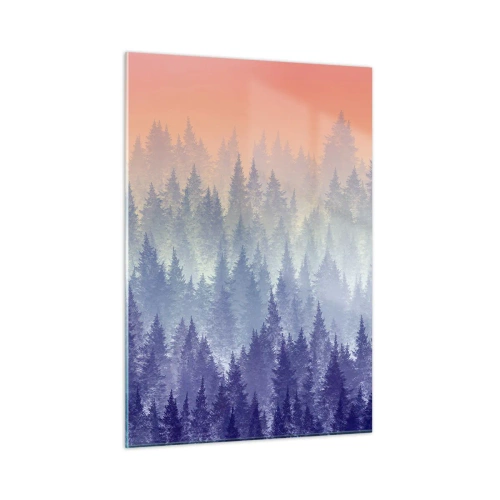 Impression sur verre - Image sur verre - Forêt de conifères mystérieuse aux tons pastel du matin - 50x70cm - Haut, plus haut, vers le ciel - Décoration murale moderne pour le salon et la chambre ARTTOR