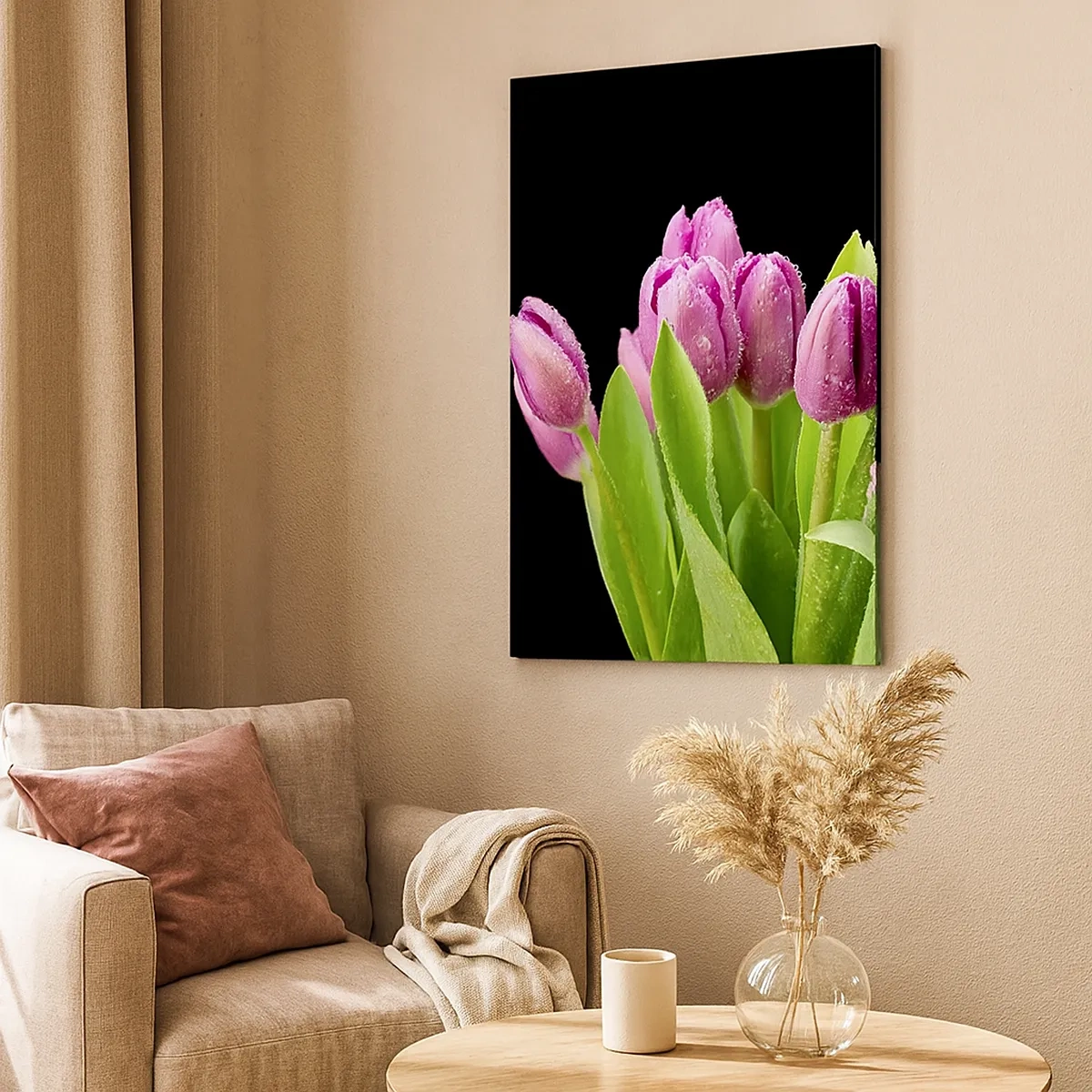 Impression sur toile - Image sur toile - Tulipes roses avec des gouttes de rosée sur fond noir - 50x70cm - Joie printanière des lilas - Décoration murale moderne pour le salon et la chambre ARTTOR
