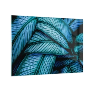 Impression sur verre - Image sur verre - Gros plan de feuilles turquoise à la texture intense. - 70x50cm - Lignes de vie - Décoration murale moderne pour le salon et la chambre ARTTOR