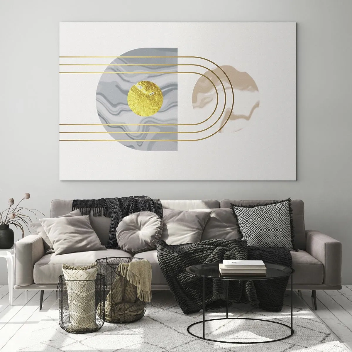 Impression sur verre - Image sur verre - Peinture abstraite en or et gris - 70x50cm - Clareté et brillance - Décoration murale moderne pour le salon et la chambre ARTTOR