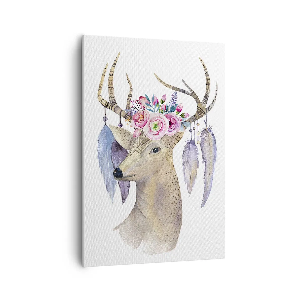 Impression sur toile - Image sur toile - Cerf romantique avec fleurs et plumes - 70x100cm - Guide de l'âme - doux, innocent - Décoration murale moderne pour le salon et la chambre ARTTOR