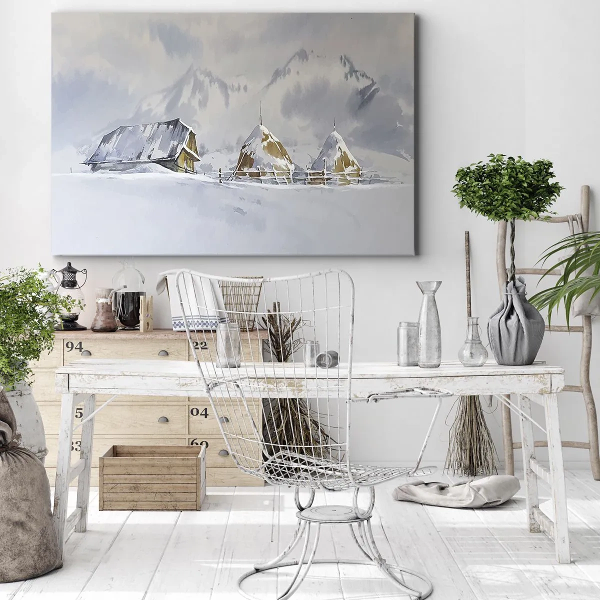 Impression sur toile - Image sur toile - Paysage d'hiver avec un chalet et des meules de foin dans les montagnes - 120x80cm - Dans une vallée enneigée - Décoration murale moderne pour le salon et la chambre ARTTOR