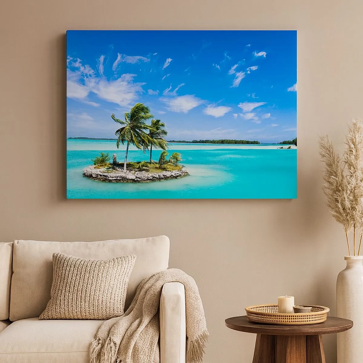 Impression sur toile - Image sur toile - Une île exotique avec des palmiers sur des eaux turquoises - 70x50cm - Paradis sur Terre - Décoration murale moderne pour le salon et la chambre ARTTOR