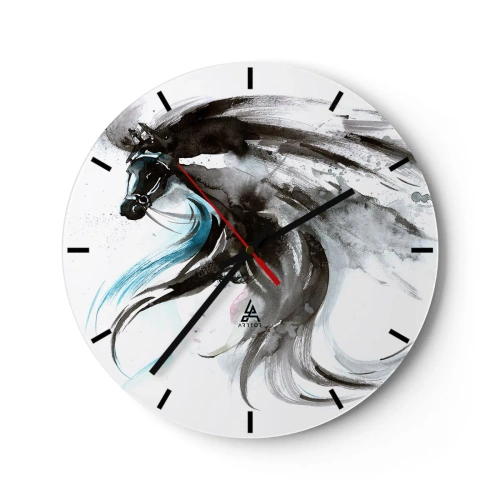 Horloge murale - Pendule murale - Un cheval noir en mouvement dynamique avec une crinière fluide dans un style artistique. - 30x30cm - Galop du prince noir - Décoration murale moderne pour le salon, la cuisine et la chambre ARTTOR