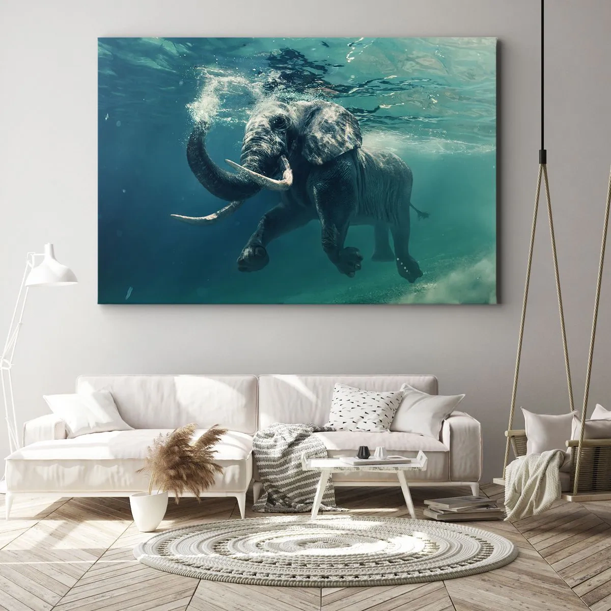 Impression sur toile - Image sur toile - Un éléphant nageant sous l'eau dans les profondeurs turquoise - 120x80cm - Tout le monde aime nager - Décoration murale moderne pour le salon et la chambre ARTTOR